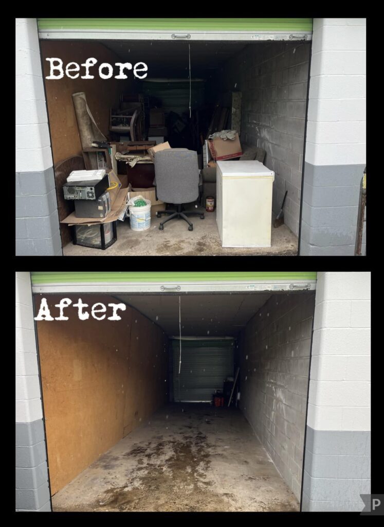 Storage unit cleanout, before and after picture